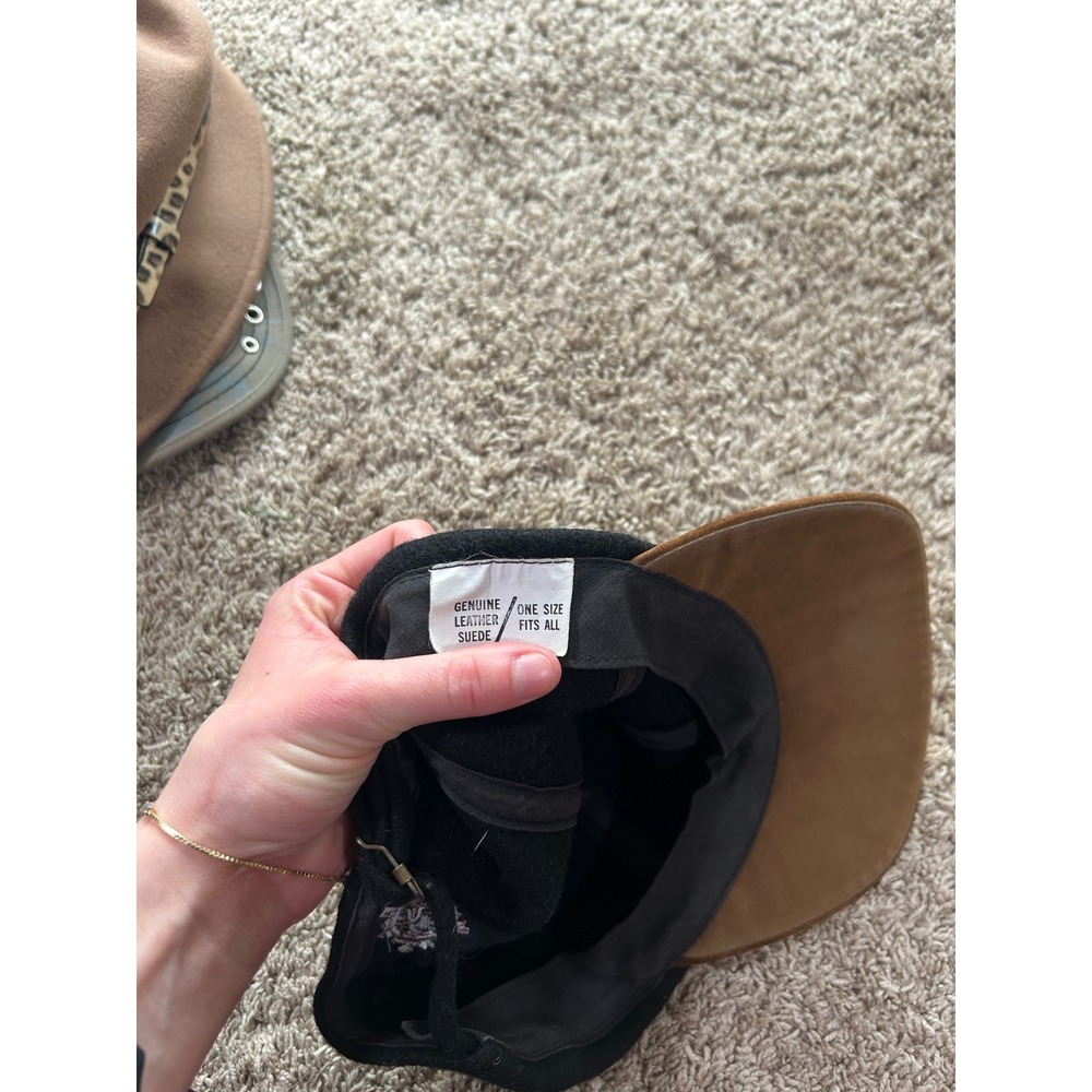 Vintage Black Wool Genuine Brown Suede Leather Brim Strapback Hat One Size - Picture 7 of 8